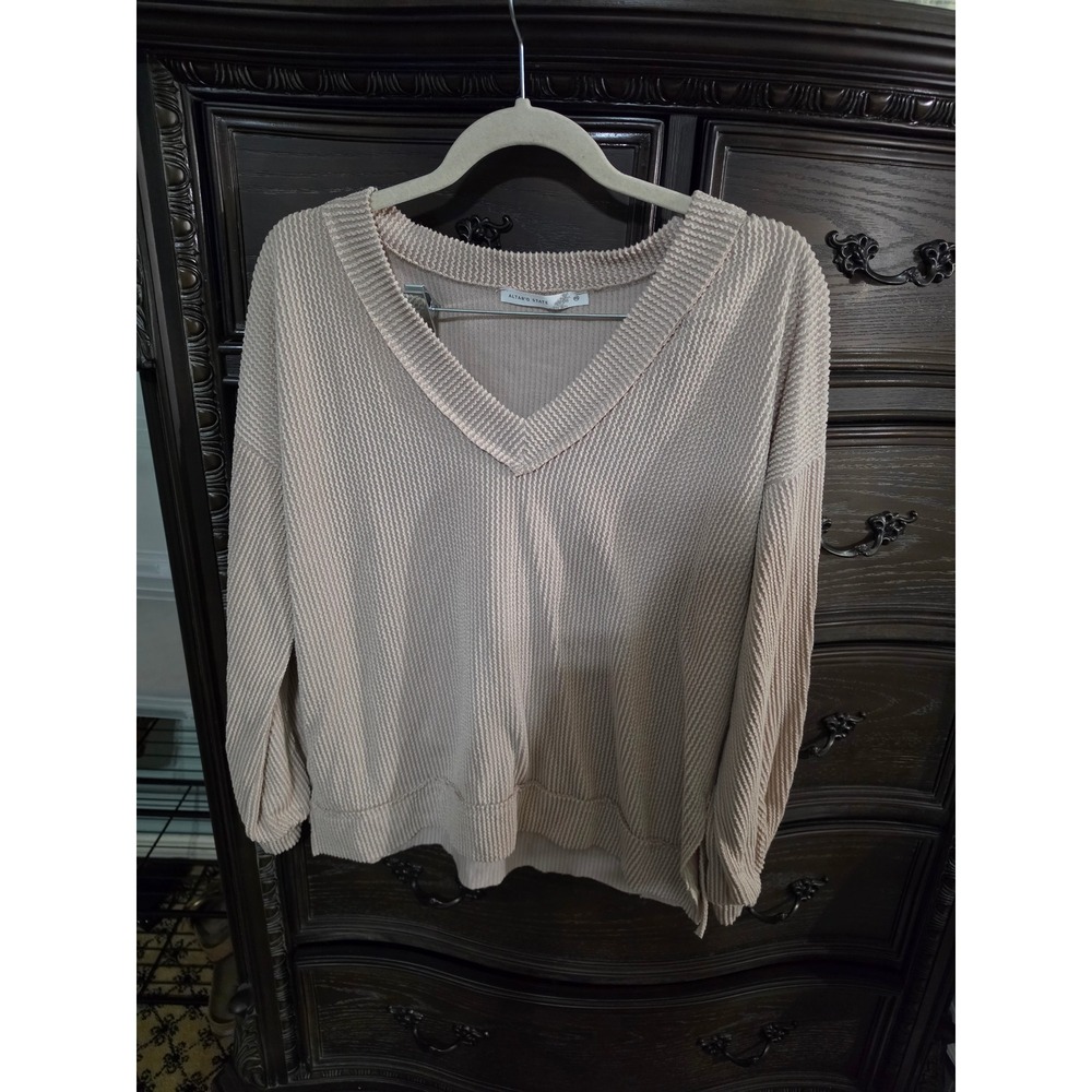 Altar'd State V-Neck Ribbed Knit Pullover Top Blush Tan Oversized XS